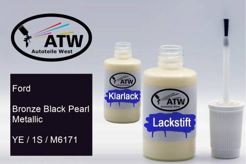 Ford, Bronze Black Pearl Metallic, YE / 1S / M6171: 20ml Lackstift + 20ml Klarlack - Set, von ATW Autoteile West.